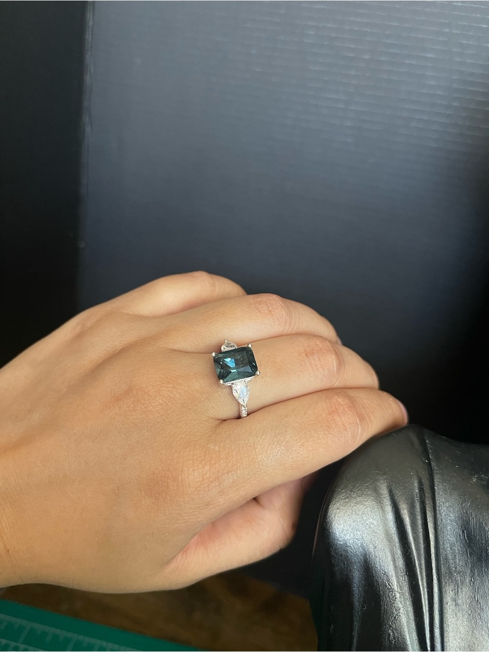 Silver tone emerald cut sapphire color gem statement ring size 6 3/4